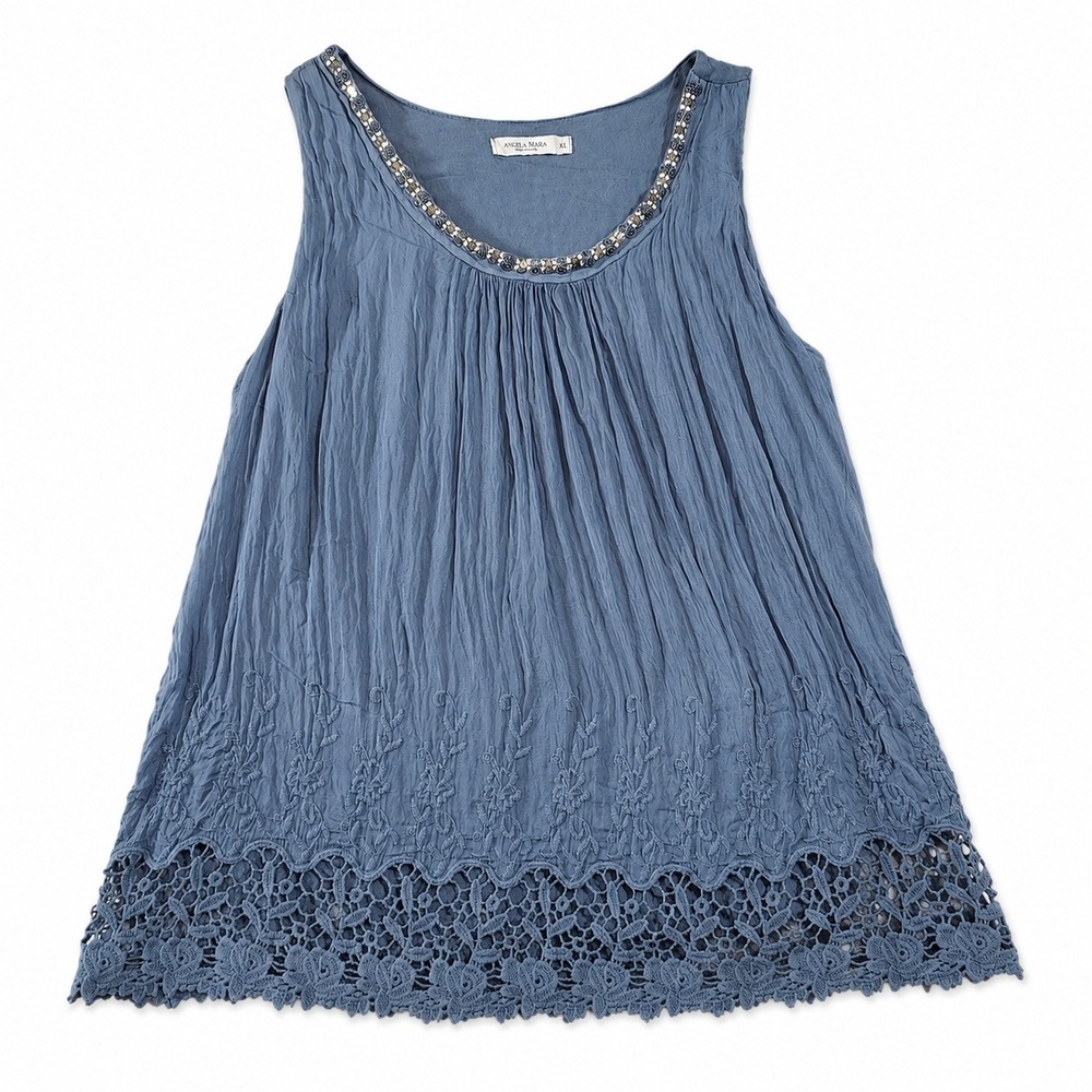Angela Mara Italy Silk Sleeveless Top XL Blue Embroidered Lace Hem Beaded Neck
